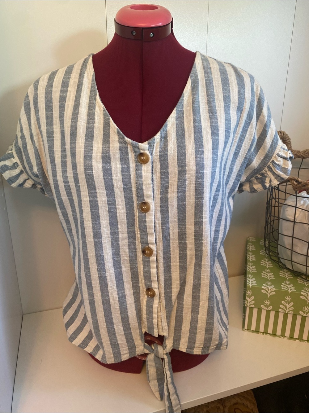 Hayden Blue and White Vertical Stripe Button-Tie Top